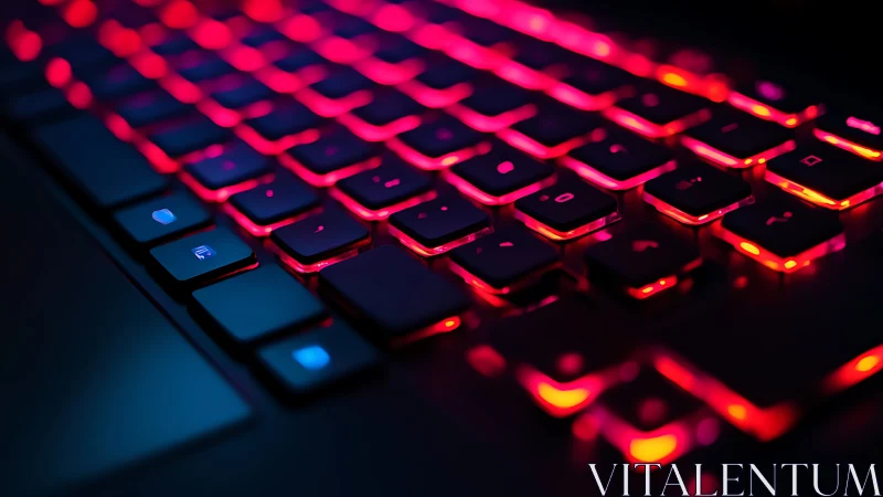 Low-angle view of backlit keyboard with red LED lighting.