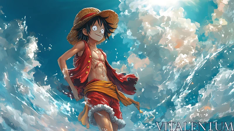 Straw-hatted anime figure stands against expansive sky scene