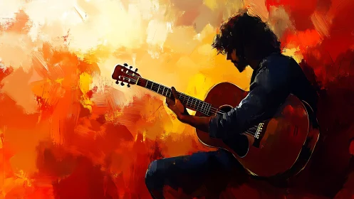 Silhouette guitarist plays acoustic guitar against warm abstract