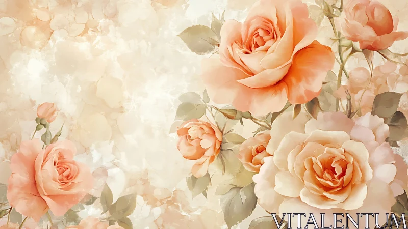 Peach roses bloom luminously against soft cream bokeh background