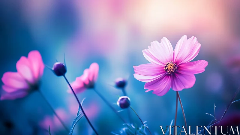 Pink cosmos flowers blooming in soft-focus dreamscape.
