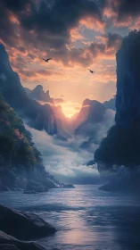 Mist-Carved Fjord Sunrise with Drifting Sky Birds.