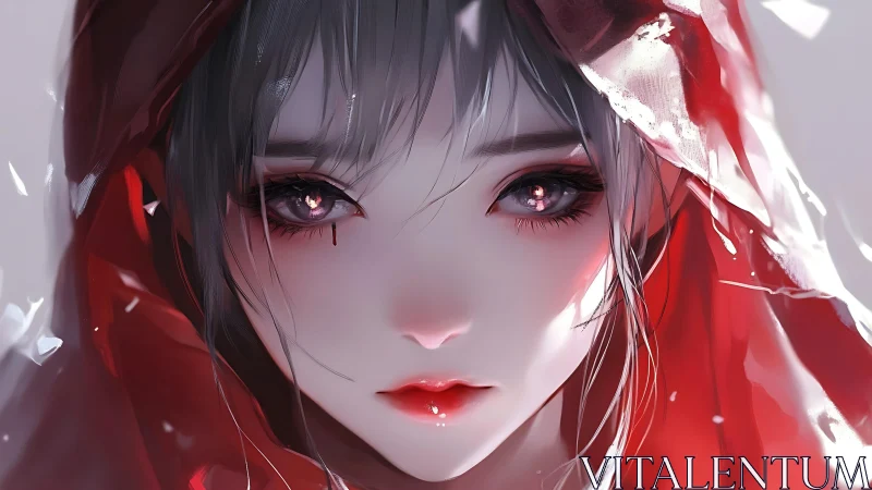 Red-hooded anime girl with luminous pink eyes portrait.