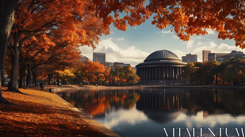 Autumn city lake reflects domed hall in warm evening light