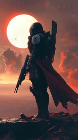 Armored sentinel before blood-red sun, cinematic sci-fi profile.
