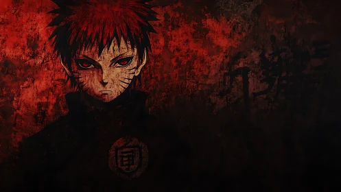 Brooding red-eyed shinobi in a storm of smeared crimson shadows.