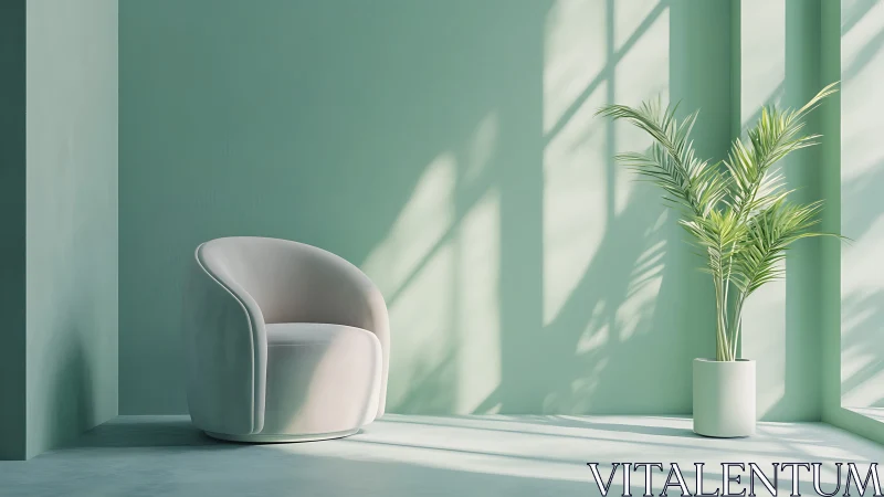 Soft daylight models mint interior with curved chair and palm