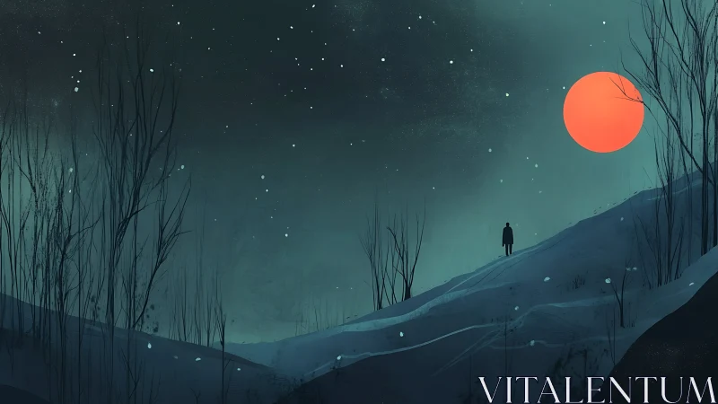 Solitary figure under crimson moon on winter hillside.