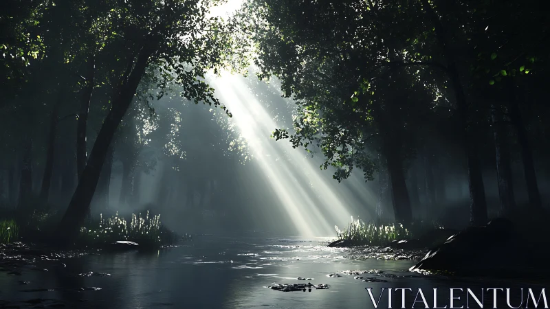 Forest Stream with Crepuscular Light Rays through Canopy