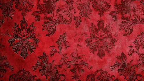 Red damask wallpaper with ornate baroque floral scrolls.