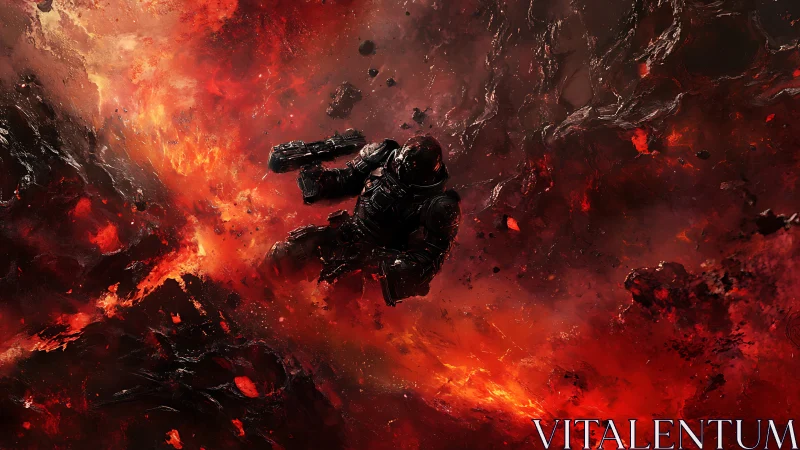 Armored space marine drifting through incandescent lava nebula