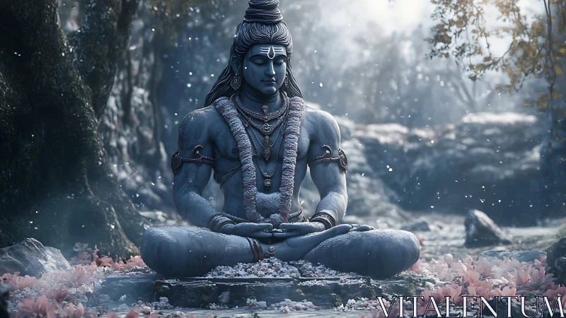 Silent blue ascetic in snowfall, crowned by forest stillness.