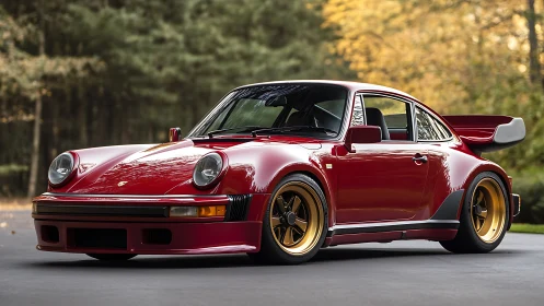 Classic red sports coupe gleams against autumn forest backdrop.