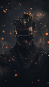 Low-key portrait of man in embers with cinematic rim lighting