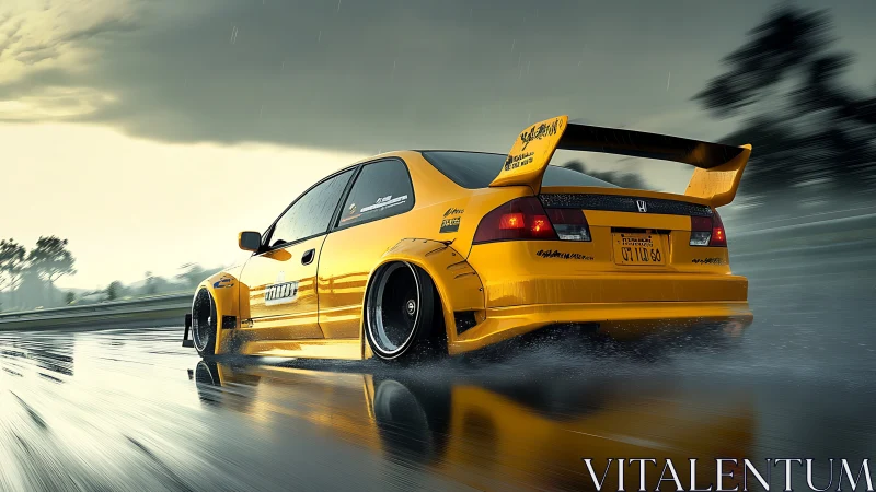 Yellow tuned Honda sedan powerslide on wet highway at dusk.