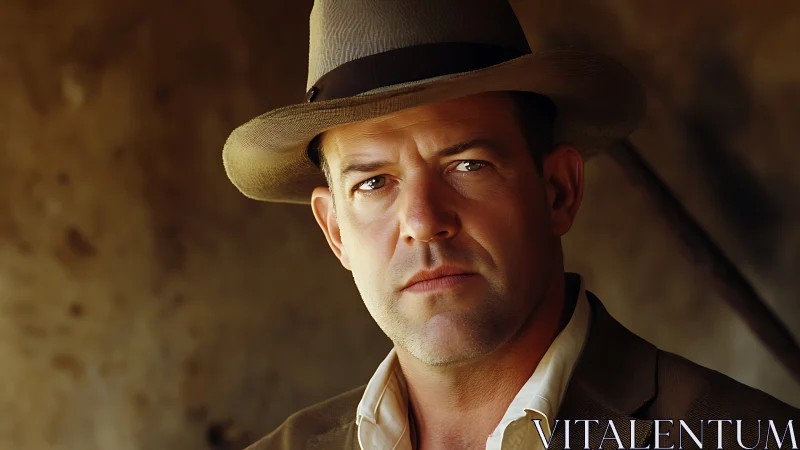 Rugged man in fedora under warm cinematic side light.