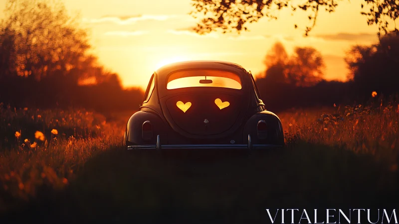 Vintage compact car on rural field at low sunset light.