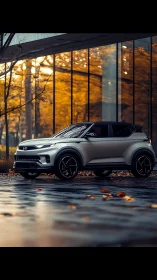 Sleek compact SUV glows against reflective autumn glass façade.