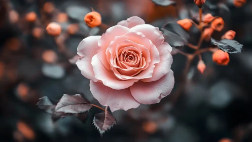 Soft pink rose bloom with bokeh background and dark foliage