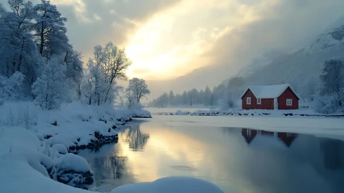 Snowbound red cabin mirrored in tranquil winter lake.