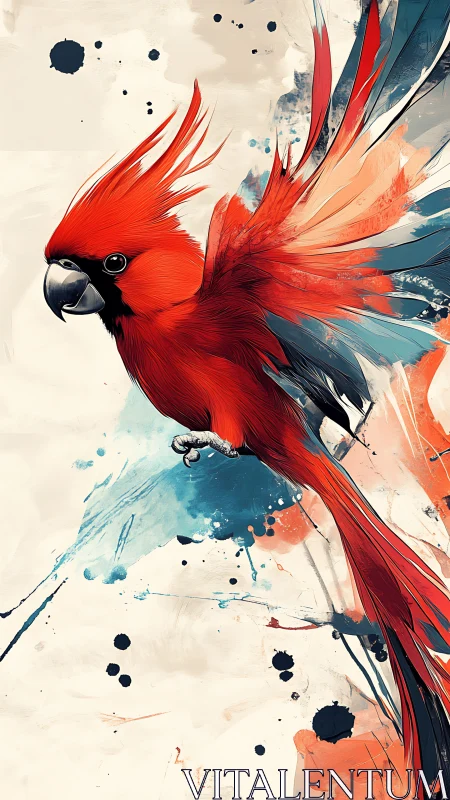 Vivid red bird in flight across playful splashes of color.
