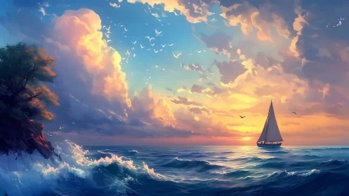 Storm-tinted clouds chase a lone sailboat into painted dusk