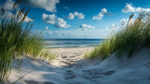 Sunlit sand dunes open onto a tranquil, cloudlit shoreline
