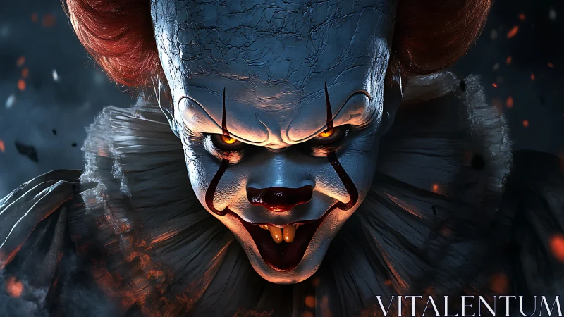 Malevolent carnival clown lunges from burning midnight gloom.