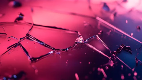 Close-up of shattered glass with neon pink and blue lighting effects.