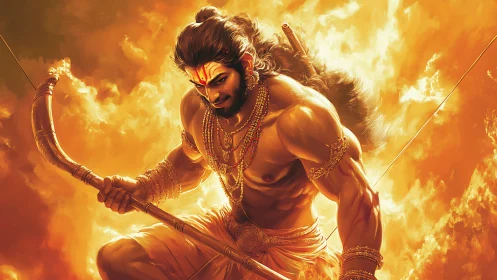 Warrior archer grips bow amid intense orange firestorm