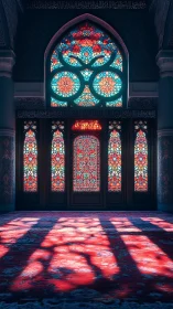 Stained glass windows project patterned light onto interior floor