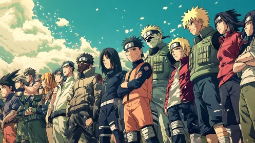 United ninja heroes stand strong beneath drifting clouds.