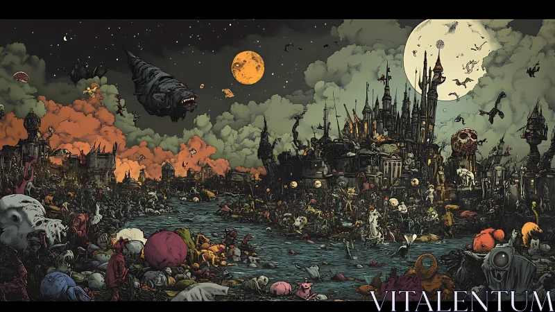 Midnight carnival of monsters swirling around haunted waters.