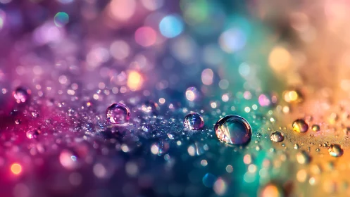 Glistening rainbow droplets sparkle softly across dreamy light