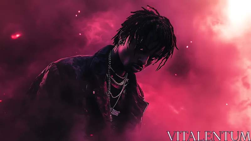 Moody street icon emerging through neon crimson smoke storm.