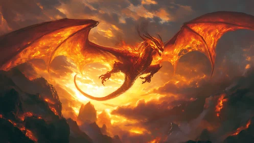 Molten fire dragon soars above blazing volcanic abyss.