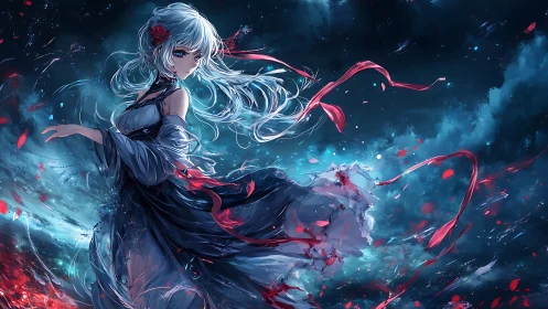 Stormlit anime maiden in swirling petals and ribbons at dusk.