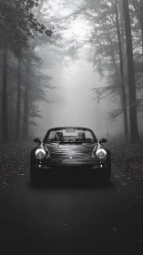 Classic black sports car gleams on a foggy forest road.