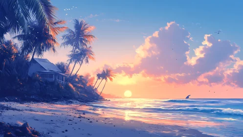 Seaside sunrise glows over palm trees and a quiet beach cabin