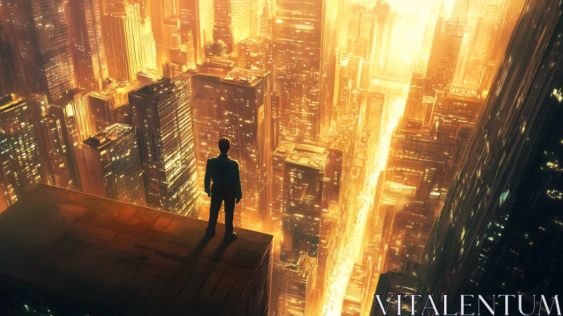 Man overlooks glowing futuristic city canyon at sunset
