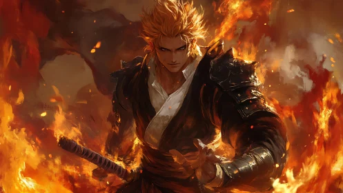 Armored swordsman stands amid dynamic flame effects