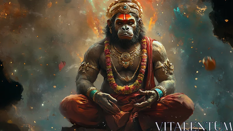 Divine warrior ape meditates amid swirling cosmic embers.