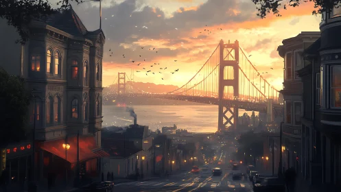 Golden Gate bridge at sunset viewed from city street.