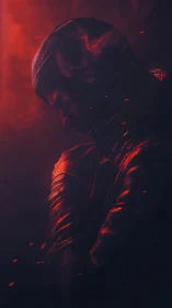 Shadowed drifter leans into embers and bruised red light