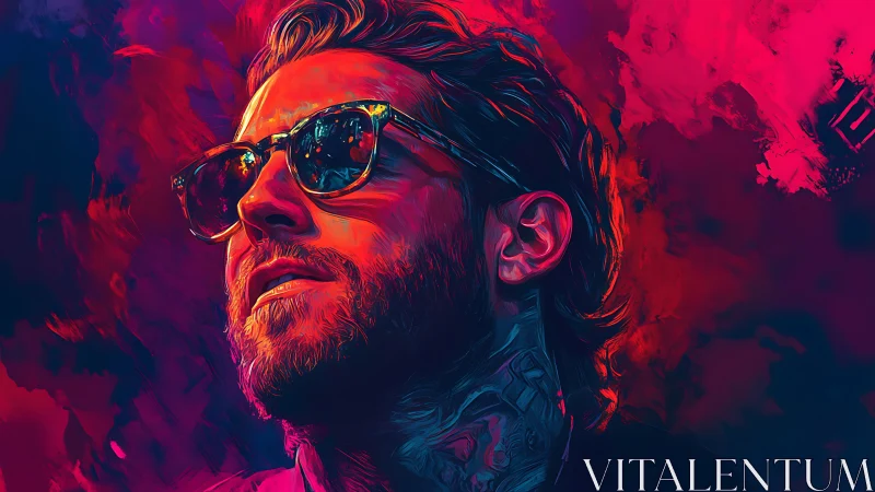 Neon-lit bearded man in sunglasses with vivid gradient glow.