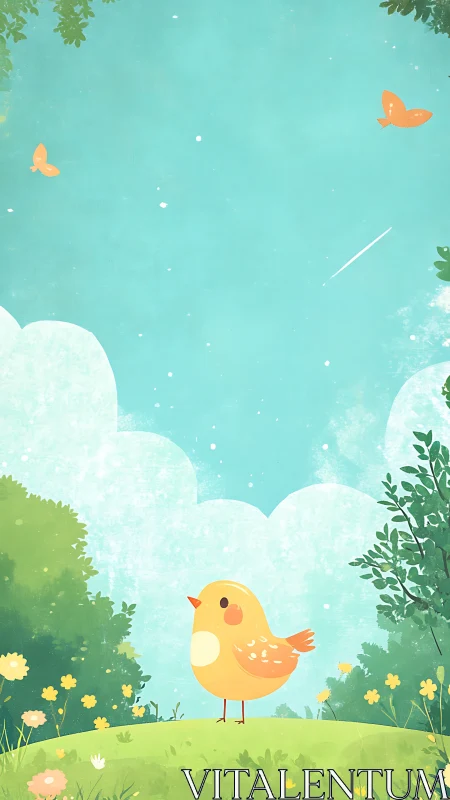 Cheerful yellow bird under soft turquoise summer sky.