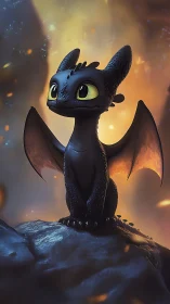 Bioluminescent night dragon on basalt ledge, rim-lit silhouette.