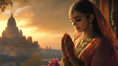 Devotional bride in ornate sari before sunset temple.