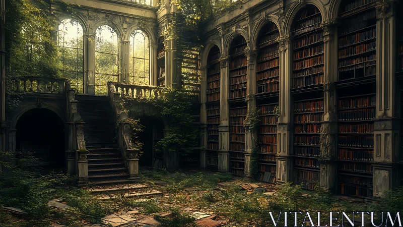Abandoned overgrown library hall with tall arched shelves.
