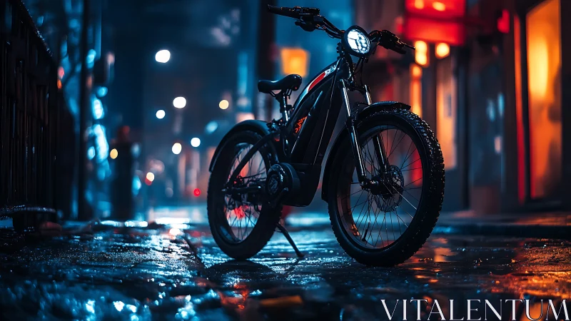 Electric bike glows under neon lights on rainy city street.
